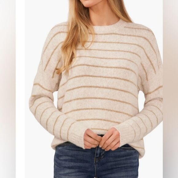 Cece gold cream striped metalic cozy oversized crewneck sweater size small - Picture 1 of 8